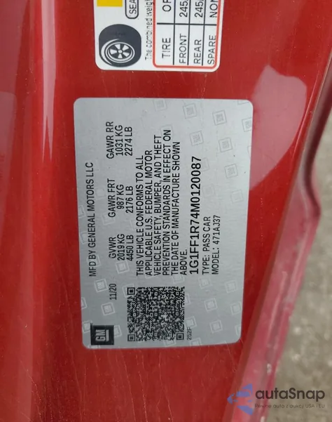 2021 Chevrolet Camaro Lz from USA, damaged, VIN 1G1FF1R74M0120087